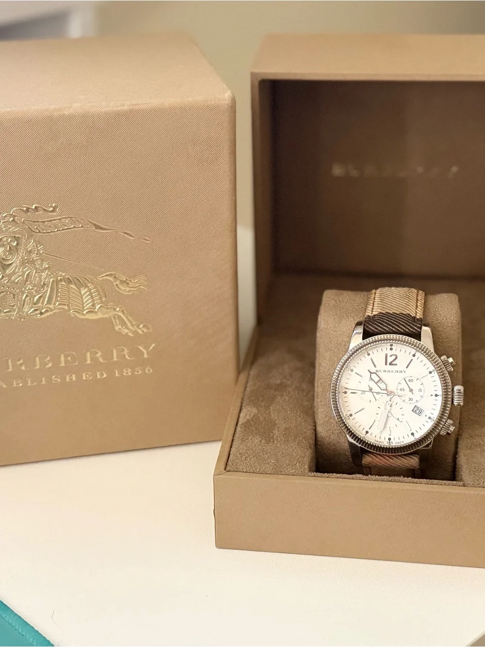 Burberry Men's Silver-Tone Chronograph Watch with Beige/Brown Strap